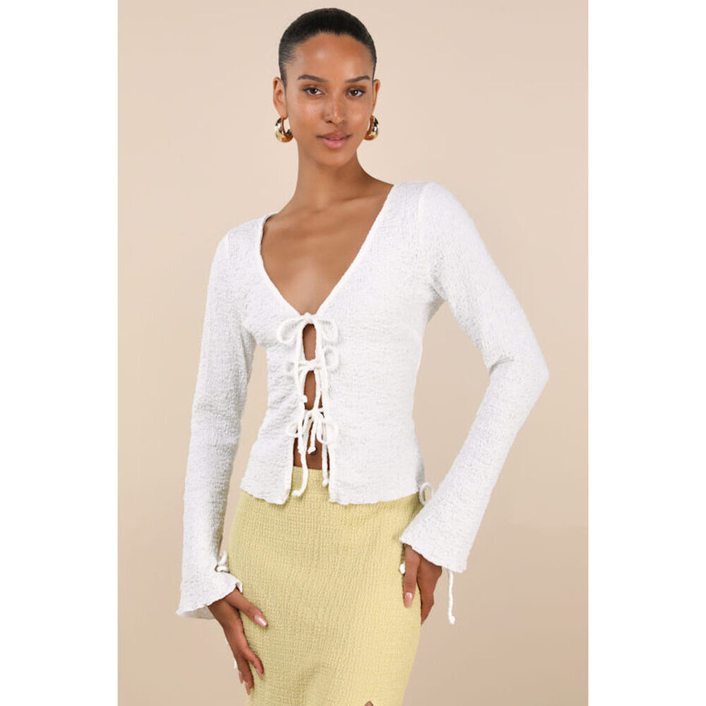 Lulus Calise White Textured Tie-front Long Sleeve Top - Size S